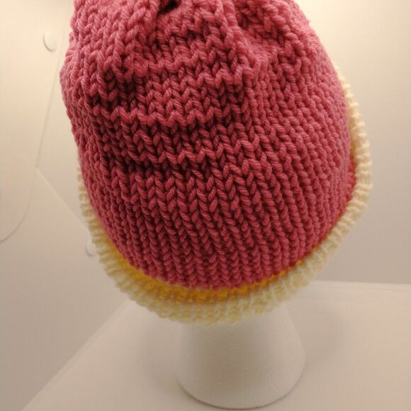 Hand Crafted Knit Unisex Hat Pink Ivory Unisex Winter Warm Beanie Slouchy Ski - Picture 3 of 6